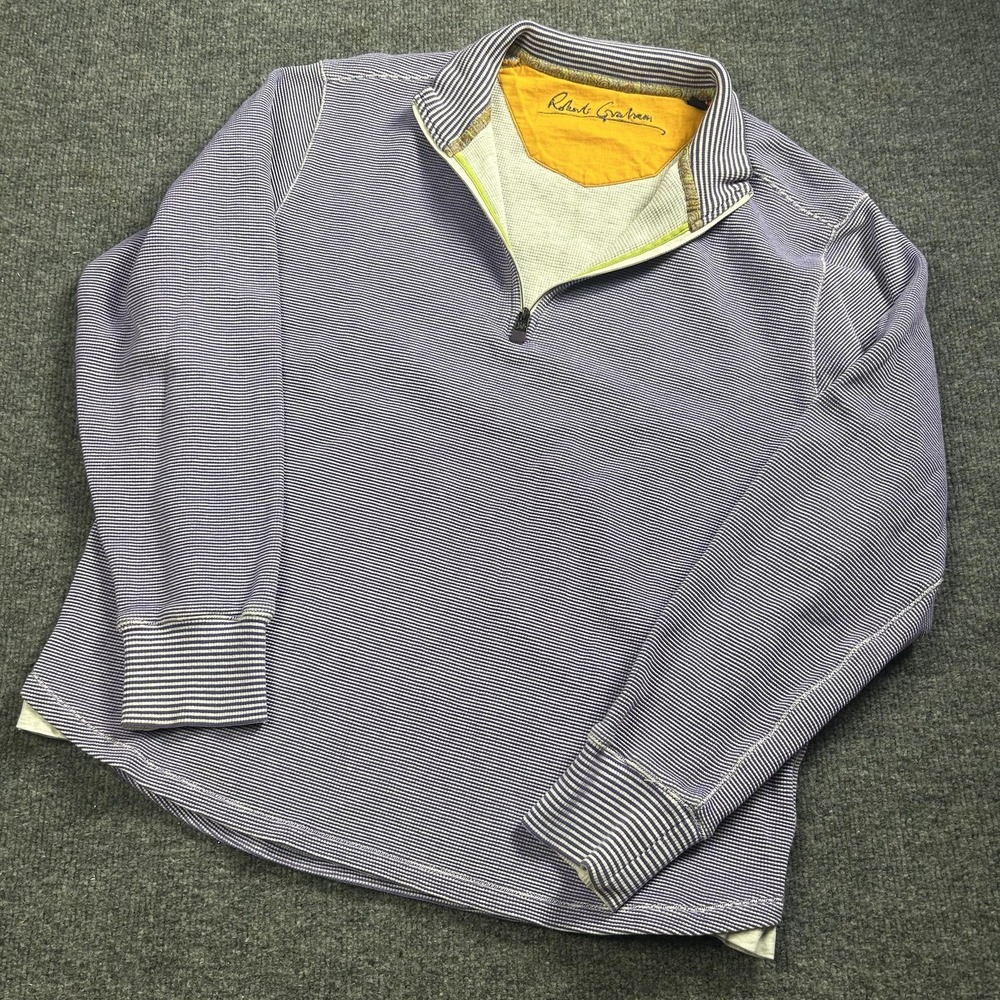 Robert Graham Sweater Mens Medium Purple Stripe 1/4 Zip Mock Neck Cotton Knit